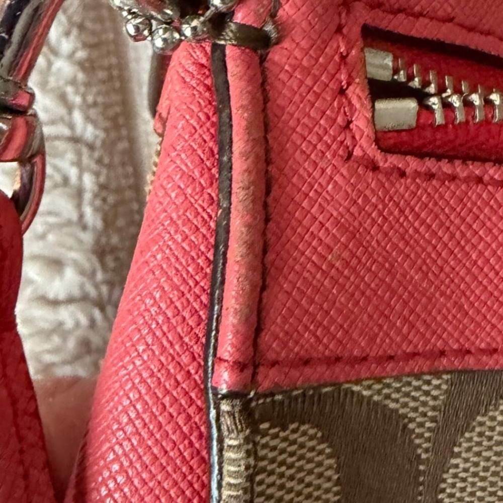 Coach Signature Canvas Saffiano Leather Wristlet Coral Pink Khaki 52860 - Picture 7 of 15